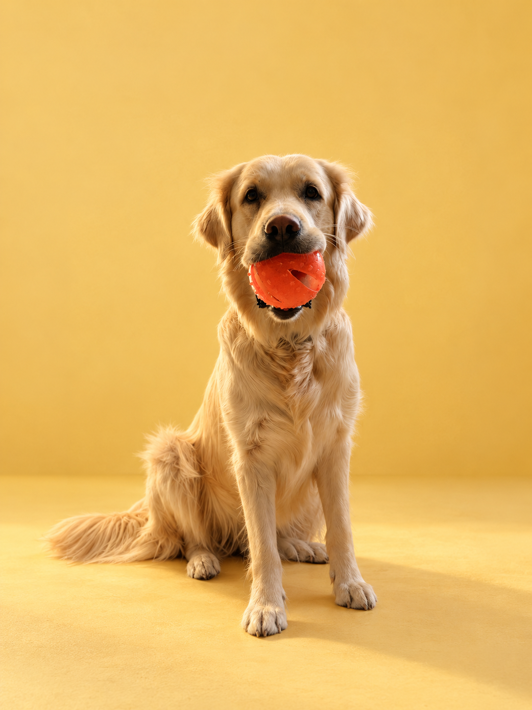 Cățel golden retriever cu mingea portocalie în gură, pregătit de joacă